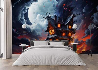 Generous Alluring painting of a flying haunted house with stormy clouds and lightning in the sky Wall mural