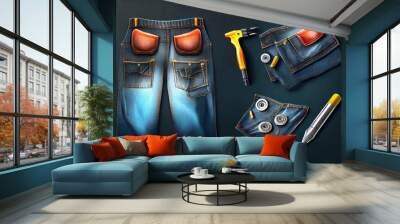 Happy labor day, Set of home tools for repair works in jeans pockets. Generative Ai Wall mural