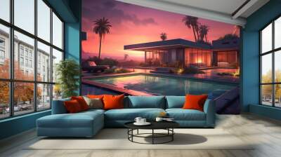 Home or house building Exterior and interior design showing tropical pool villa. Generative Ai Wall mural