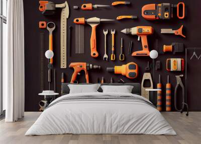 Large set of construction tools. Drill, hammer, hacksaw, tape measure. Generative Ai Wall mural