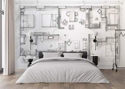 line drawing floor plan on a white background. generative ai Wall mural