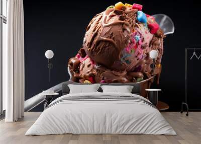 Luxurious Side view chocolate ice cream with nuts and wafer rolls Wall mural