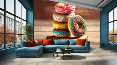 Many colorful frosted cake donuts with candy sprinkles stacked and up on side laying on wood table isolated on white background. Generative Ai Wall mural