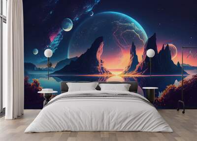 Modern futuristic fantasy night landscape with abstract islands. Generative Ai Wall mural