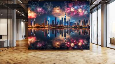 New Year fireworks display in Dubai, UAE, Bright color. Generative Ai Wall mural