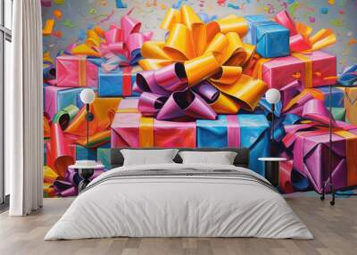 Present gift boxes with ribbon decoration. Generative Ai Wall mural