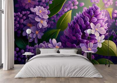 Purple lilac flowers blossom in garden, spring background. Generative Ai Wall mural