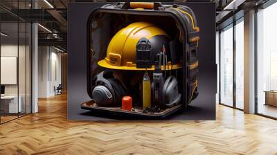 safety helmet with tools in the black container. generative ai Wall mural