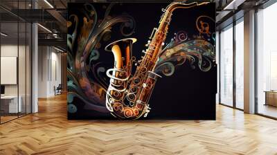 saxophone made with watercolor brush strokes and musical notes. Generative Ai Wall mural