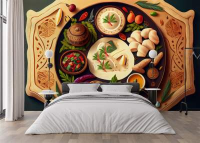 Tasty Arabic traditional cuisine. Middle Eastern meze platter with pita, olives, hummus, stuffed dolma, labneh cheese balls in spices. Generative Ai Wall mural