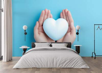 Top view photo of hands holding white paper heart over sequins. generative ai Wall mural