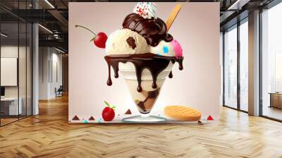 Vanilla ice cream with oreos and chocolate sauce. Generative Ai Wall mural