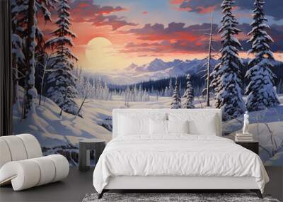 View of a snowy mountain and fir trees with blue sky background Wall mural