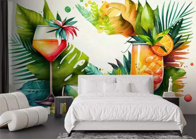 Watercolor hello summer with beach and cocktail. Generative Ai Wall mural