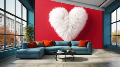 White heart made of wool on a red background. Valentines Day. Generative Ai Wall mural