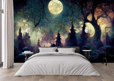 Wonderful Bright moon over magical dark fairy tale forest at night. Generative Ai Wall mural