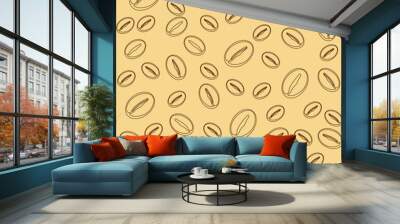 Vector pattern of coffee beans lines abstract wallpaper light brown background. Wall mural