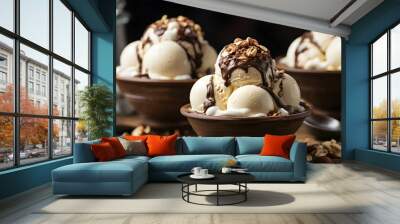 A whimsical scene of a side view of a vase filled with creamy white ice cream scoops, drizzled with rich chocolate sauce and sprinkled with crunchy nuts, sitting on a rustic wooden table. Wall mural