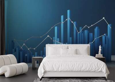 blue line chart going up 3d, blue background Wall mural