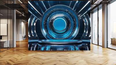 futuristic fashion show stage background blue color and chrome with circle in the middle Wall mural