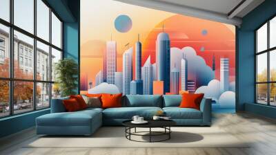 A retro-style travel poster showcasing a futuristic city powered by digital finance, with vibrant colors and a focus on technology , whimsical illustration cartoon style Wall mural