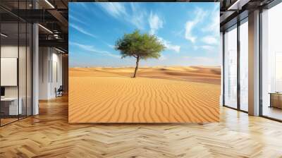 a vast desert landscape, rippling sand dunes, lone tree Wall mural