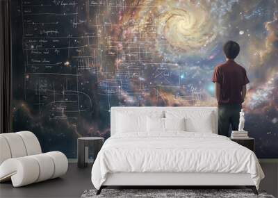 A young man is looking at an endless wall of mathematical equations and formulas, with his back to the camera. The background shows space and galaxies. Wall mural