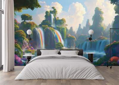 Design an abstract and dreamlike portrayal of a beautiful morning in the cartoon jungle Wall mural