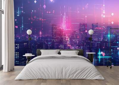 Modern smart city panorama with double exposure of immersive interface. Concept of internet of things. telecommunication network concept Wall mural