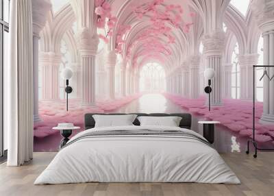 pink flowers, fantasy portal with pink flowers of hall for wedding ceremony Wall mural