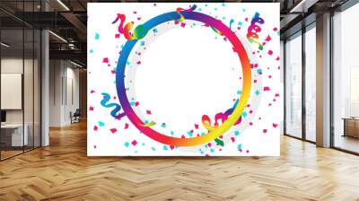 Confetti celebration, ribbons and paper scatter falling with circular ring spectrum rainbow frame using for holidays concept on white space abstract background vector illustration Wall mural