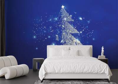 Merry Christmas, tree polygon, confetti, golden glowing particles scatter, poster, postcard Blue luxury in winter background seasonal holiday vector illustration Wall mural