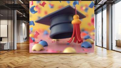 3D illustration of a graduation cap with red tassel amidst colorful confetti, symbolizing achievement, celebration, and joy.
 Wall mural