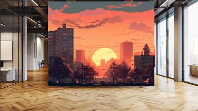 A beautiful sunset over a city park. digital art illustration. generative AI Wall mural