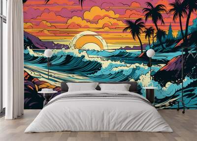 colorful beach scene agains sunset pop art. digital art illustration. generative AI Wall mural