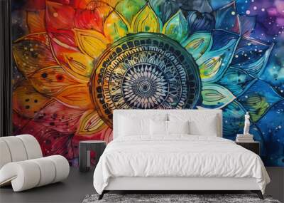 intricate mandala in rainbow hues. digital art illustration. generative AI Wall mural