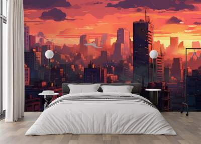 orange  city skyline in the afternoon. digital art illustration. generative AI Wall mural