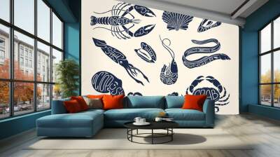 Vintage illustration of crustaceans, seashells and cephalopods with names Wall mural