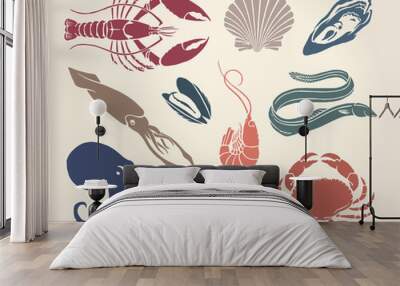 vintage illustration of crustaceans, seashells and cephalopods Wall mural