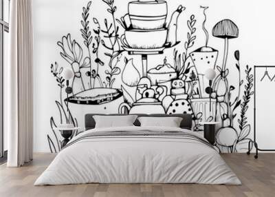 Magical Garden Tea Party with Playful Creatures in Black Line Art Wall mural