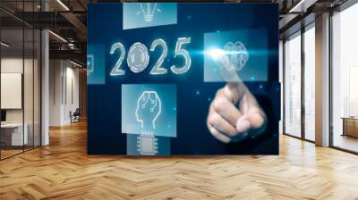 2025 new year future business tech company development innovation creative idea artificial intelligence AI digital computer technology, data online security, graphic icon illustration blue background Wall mural