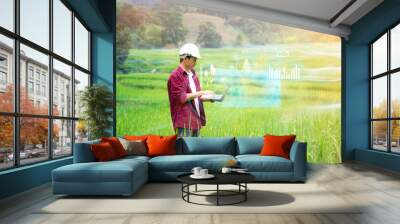 Agricultural engineering innovation modern technology Asian man hardhat farmer using computer laptop smart program sensor tracking diagnosing checking on plants health, rice field mountain background Wall mural