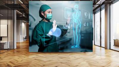 Asian female doctor specialist surgeon using computer human body anatomy display screen technology artificial intelligence assistance AI, operation simulation augmented reality medical healthcare tech Wall mural