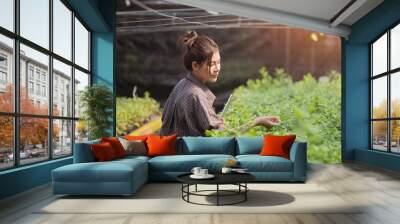 Asian woman smart farmer using tablet taking care of flowers and plants checking analyzing plant for air purification watering growth content, gardener biologist outdoor nature using modern technology Wall mural