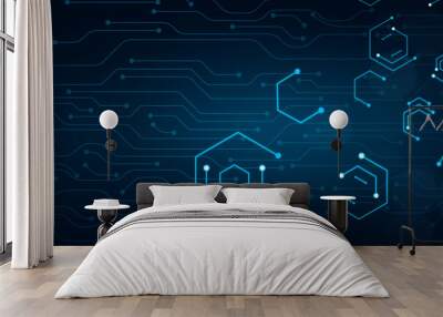 Business technology Digital cyberspace concept, computer circuit polygon line art abstract illustration blue banner background. Wall mural