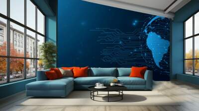 Business technology Digital world global cyberspace concept, computer line tech art abstract illustration blue banner background. Wall mural