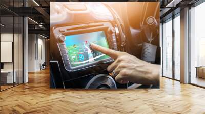 Car interactive touch selection technology dashboard user interface function navigation, finger touching panel screen system control application of vehicle function setting support driver graphic icon Wall mural