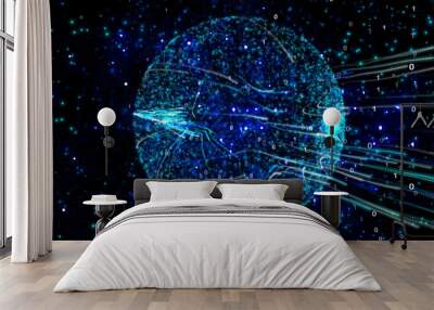 digital data touching network connections, world map innovative Big data ,(internet of things) iot,ai technology in science ,intelligent life and communication concept Wall mural