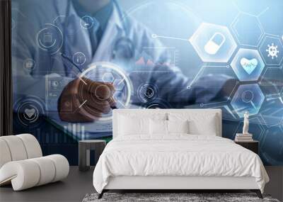 Doctor using computer laptop modern technology diagnosing analyzing patient’s health, medical healthcare diagnosis, close up medical professional working in hospital office, banner graphical icon Wall mural