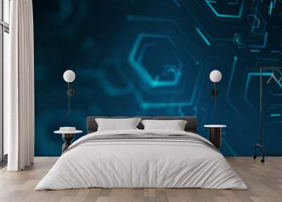 Futuristic business data technology modern blue background banner concept, circuit  hexagon polygon shape lines connecting link structure dark blue contrast copyspace. Wall mural